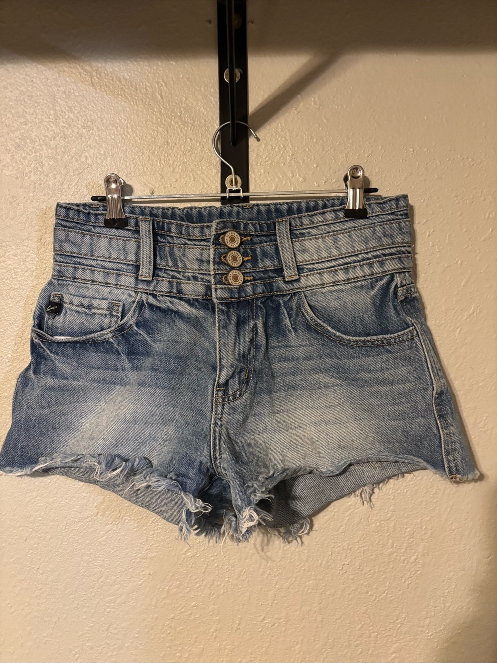 KanCan Light Blue High-Waist Distressed Denim Shorts